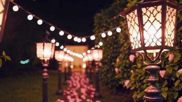 Evening Garden Pathway Footage with Lanterns and String Lights video