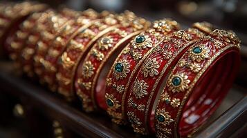 A row of red and gold bangles on a table photo
