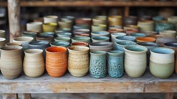 Many different types of pottery are on display photo