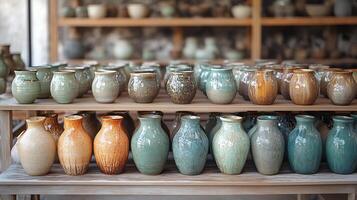 A shelf with many vases on it photo