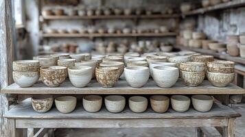 A table with many cups on it photo
