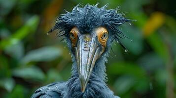 Juvenile Shoebill Balaeniceps rex with gray feathers and a large shoe shaped bill found in Uganda Africa photo
