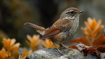 Juvenile Stephens Island Wren Traversia lyalli with brown and gray feathers extinct native to New Zealand Oceania photo