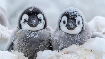 Pair of young Emperor Penguins Aptenodytes forsteri with fluffy gray down found in Antarctica photo