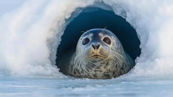 Baikal seal peeking out of ice hole in the frozen surface of Lake Baikal its round wet face illuminated by soft afternoon light captured with a low angle lens for an intimate close up photo