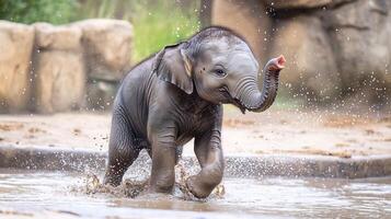 Baby elephant splashing joyfully a muddy waterhole with droplets flying around captured with a telephoto lens to focus on its playful innocence photo