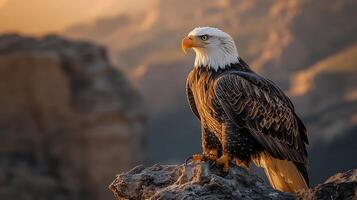 Bald eagle perched a rugged cliff edge its piercing eyes scanning the horizon under soft morning light captured with a telephoto lens for majestic focus photo