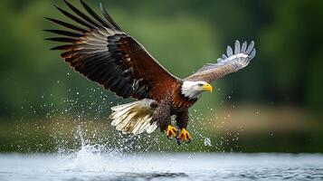 Bald eagle swooping low over lake its talons extended toward the water to catch a fish with splashes of water frozen mid air captured with a high speed telephoto lens for dramatic action photo