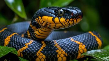 Banded krait slithering across leaf littered floor of a tropical jungle its black and yellow bands glowing softly under dappled sunlight captured with a macro lens for striking texture photo