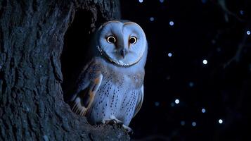 Barn owl peeking out hollow tree under faint starlight glowing eyes piercing darkness as its feathers blend seamlessly with the shadows captured with a low light telephoto lens for eerie realism photo