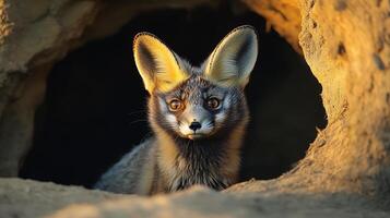 Bat eared fox emerging its den at sunrise its large ears highlighted by the golden light as it surveys its surroundings captured with a low angle telephoto lens for intimate wildlife focus photo