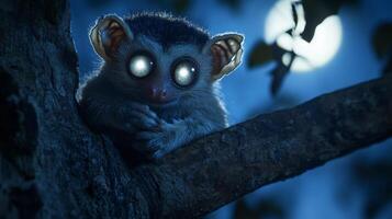 Bengal slow loris clinging a tree branch under the moonlit sky its large reflective eyes glowing softly captured with a low light telephoto lens for nocturnal drama photo
