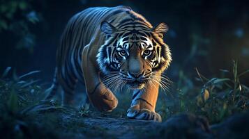 Bengal tiger prowling silently through moonlit jungle its striped coat glowing faintly against the dense shadows captured with a low light telephoto lens for dramatic effect photo