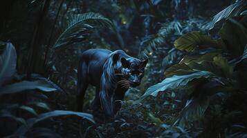 Black panther stalking silently through dense jungle at dusk its sleek coat blending into the shadows captured with a low light telephoto lens for an atmospheric feel photo