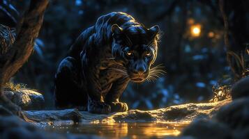 Black panther crouching near waterhole in a dense jungle its sleek black coat glowing faintly under moonlight captured with a low light telephoto lens for a dramatic nocturnal shot photo