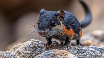 Black rufous elephant shrew scurrying across a rocky outcrop its long nose and small frame sharply highlighted by soft afternoon light captured with a macro lens for intricate close up focus photo