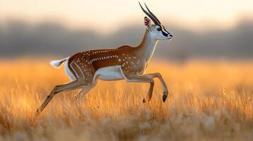 Blackbuck captured mid leap through tall golden grass open savannah sleek form frozen under golden light of dawn surrounded a blur of swaying vegetation captured with a high speed telephoto lens photo