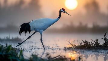 Black necked crane walking gracefully through misty wetland its elegant neck and sharp beak framed against a soft sunrise captured with a telephoto lens for serene atmosphere photo