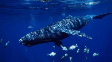 Blue whale gliding serenely through deep blue ocean waters massive size captured alongside schools of smaller fish shot with a wide angle underwater lens for immersive perspective photo
