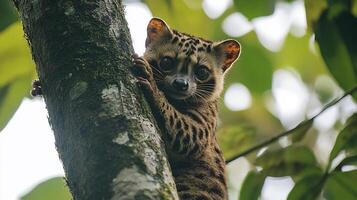 Black spotted cuscus climbing tree in Papua New Guineas rainforest its thick fur glowing softly under dappled light captured with a telephoto lens for a rare and intimate view photo