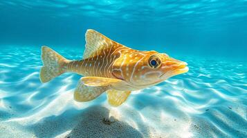 Bowmouth guitarfish swimming shallow turquoise waters over a sandy seabed its unique body shape highlighted by sunlight patterns captured with a wide angle underwater lens for dynamic composition photo