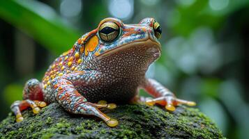Brightly colored harlequin toad resting a moss covered rock in a tropical forest its intricate patterns glowing under soft morning light captured with a macro lens for vivid detail photo