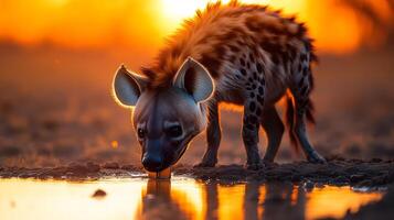 Brown hyena drinking cautiously a remote watering hole in the African desert its fur illuminated by the orange glow of sunset captured with a telephoto lens for dramatic composition photo