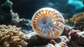 Chambered nautilus drifting near coral reef its spiral shell catching soft rays of underwater sunlight captured with a macro lens for intricate pattern details photo