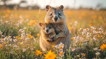 Cheerful quokka its joey peeking out of its pouch both framed by wildflowers on a sunlit Australian plain captured with a low angle lens for an endearing close up photo