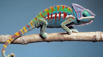 Chameleon blending into environment on a tree branch its vibrant colors shifting mid transition captured with a telephoto lens for vivid wildlife adaptation photo