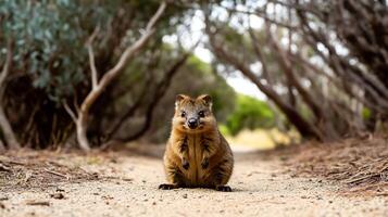 Cheerful looking quokka sitting dirt pathway surrounded eucalyptus trees wide eyed expression furry body illuminated by warm morning light captured with a low angle lens for an endearing close up photo