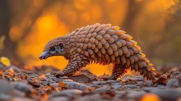 Chinese pangolin walking across rocky forest path at sunset its textured scales glowing in the golden light captured with a low angle telephoto lens for immersive detail photo