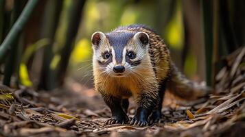 Chinese ferret badger walking along forest floor in a dense bamboo grove its striped face and sleek body framed by soft dappled light captured with a low angle lens for intimate detail photo