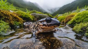 Chinese giant salamander resting a shallow mountain stream its textured body camouflaged against the moss covered rocks captured with a low angle macro lens for intricate detail photo