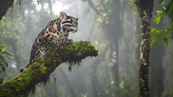 Clouded leopard perched a moss covered tree branch in a misty rainforest its spotted coat blending seamlessly with the surroundings captured with a telephoto lens for natural camouflage and mood photo