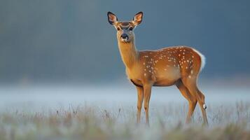 Chinese water deer standing alert a misty meadow at dawn its small tusks visible and glowing faintly in the soft light captured with a telephoto lens for ethereal atmosphere photo
