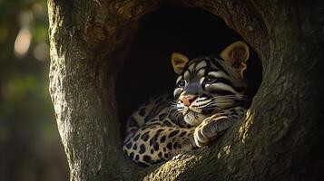 Clouded leopard resting a tree hollow its spotted coat blending into the dark wood as sunlight filters through the canopy captured with a telephoto lens for mysterious ambiance photo