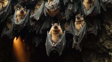 Colony of fruit bats hanging the ceiling of a dark cave illuminated by faint beams of light entering from a small opening captured with a low light telephoto lens for eerie realism photo