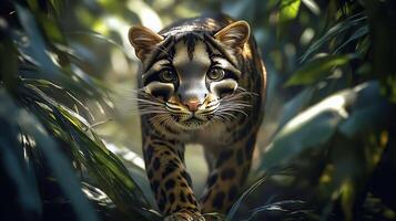 Clouded leopard prowling through dense jungle foliage patterned coat blending perfectly the dappled sunlight breaking through the canopy captured with a telephoto lens for sharp subject isolation photo