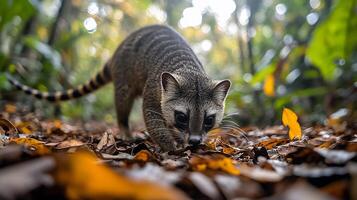 Coati sniffing through fallen leaves jungle floor long tail raised balance illuminated scattered sunlight filtering through the canopy captured with a low angle lens for an immersive perspective photo