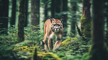 Cougar stalking prey in a dense North American forest its piercing eyes locked on the target captured with a telephoto lens to enhance its predatory focus photo