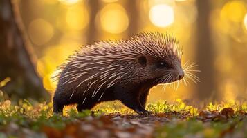 Crested porcupine walking cautiously through sunlit forest clearing its quills raised defensively and glowing in the soft light captured with a low angle telephoto lens for a dramatic perspective photo