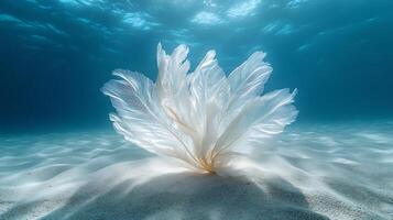 Delicate sea pen anchored the sandy ocean floor its feathery structure swaying gently with the current illuminated by faint underwater light captured with a macro lens for vivid texture photo