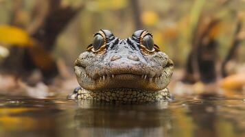 Cuviers dwarf caiman partially submerged a murky swamp its textured scales and piercing eyes barely visible above the waterline captured with a low angle telephoto lens for dramatic tension photo