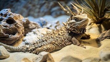 Desert horned lizard camouflaged among rocks sand its spiny body blending perfectly with the arid environment captured with a macro lens to emphasize texture and detail photo