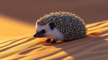 Desert hedgehog crawling over rippled sand dune under the faint glow of twilight its spines casting sharp shadows against the golden terrain captured with a macro lens for intricate texture photo