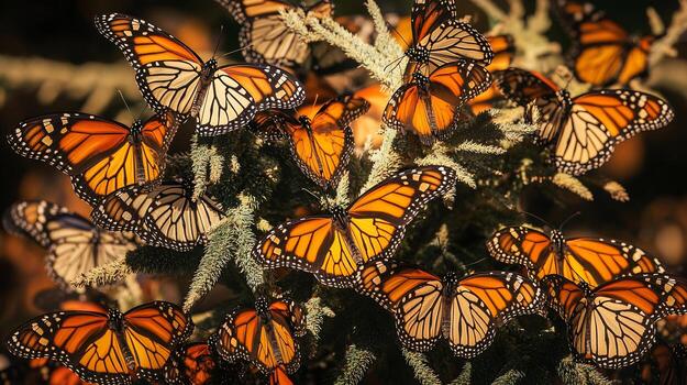 Dense cluster of monarch butterflies resting tree branches during migration their vibrant orange and black patterns creating a mesmerizing display captured with a macro lens for vivid detail photo