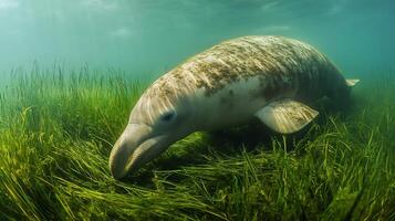 Dugong grazing a shallow seagrass meadow its smooth body creating gentle ripples captured with an underwater wide angle lens for a serene setting photo