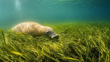 Dugong grazing peacefully an underwater meadow of seagrass its gentle movements captured with an underwater wide angle lens for an expansive and tranquil scene photo