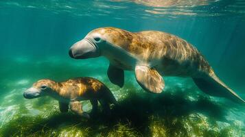 Dugong swimming peacefully alongside calf a shallow seagrass bed their movements creating gentle ripples in the clear turquoise water captured with an underwater wide angle lens for serene focus photo